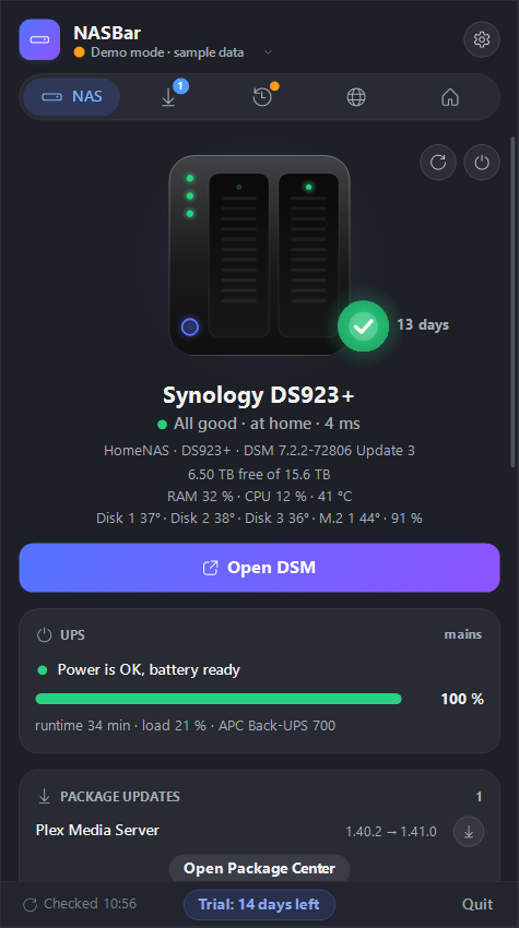 NASBar NAS tab: health, free space, disk temperatures and UPS